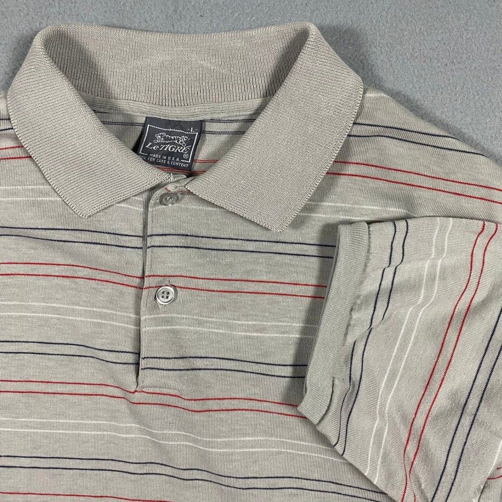 Vintage Le Tigre Mens Large Polo Shirt Grey Striped Short Sleeve Made in USA L